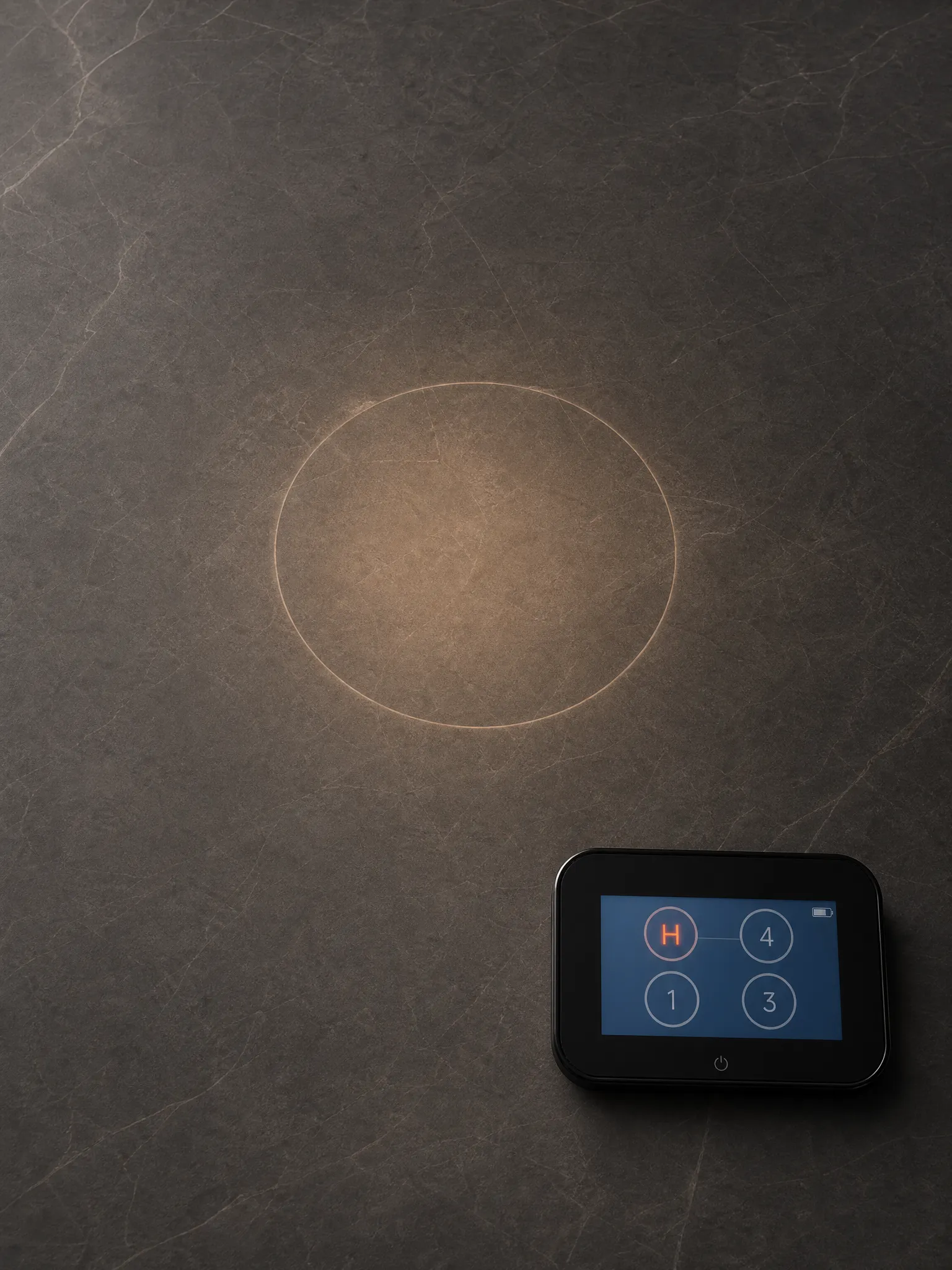 AUPE residual-heat indicator glowing on the stone surface, wireless controller showing the H warning