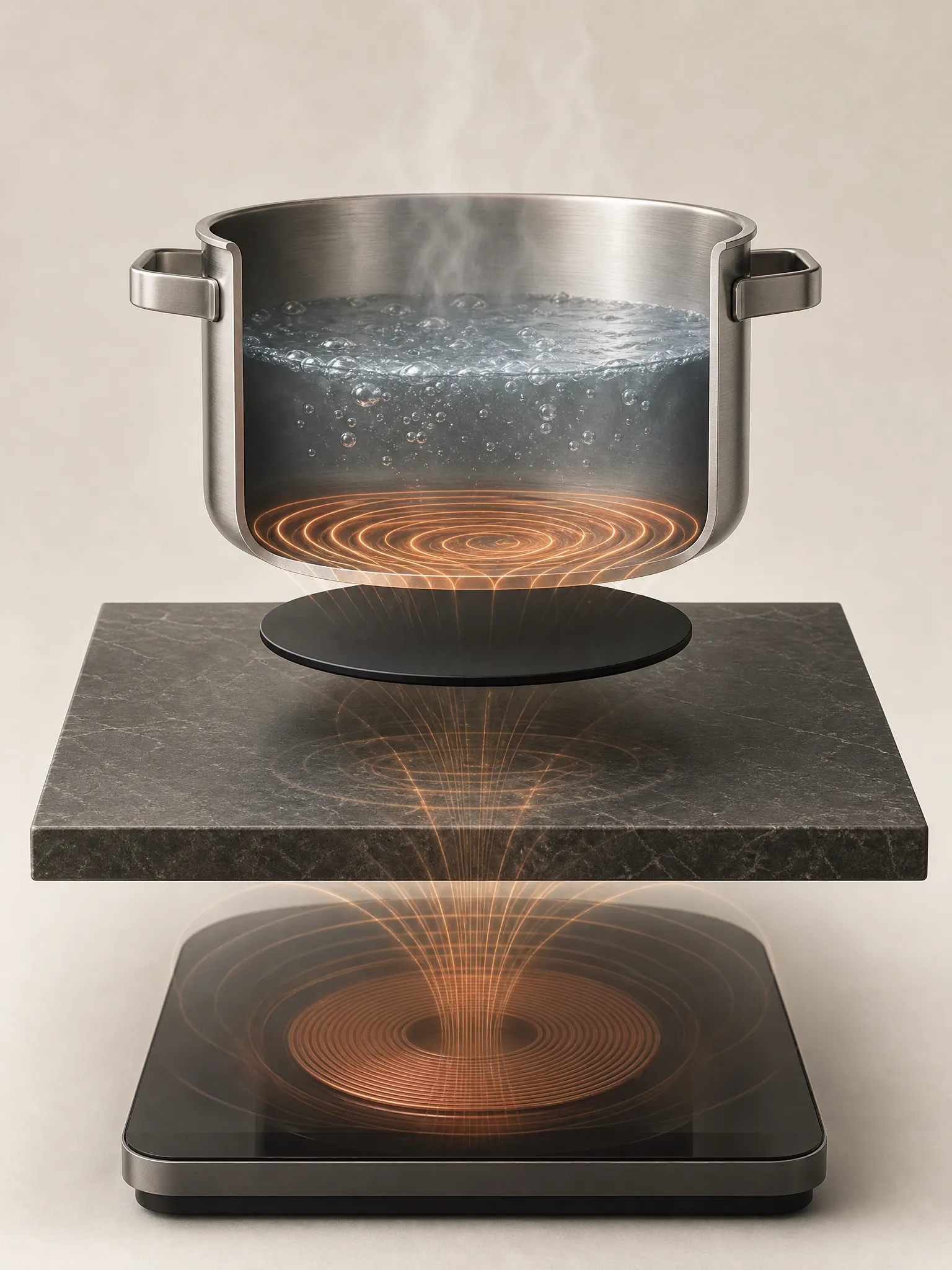 AUPE invisible induction — exploded view of a pot heated through a stone countertop by the concealed induction coil