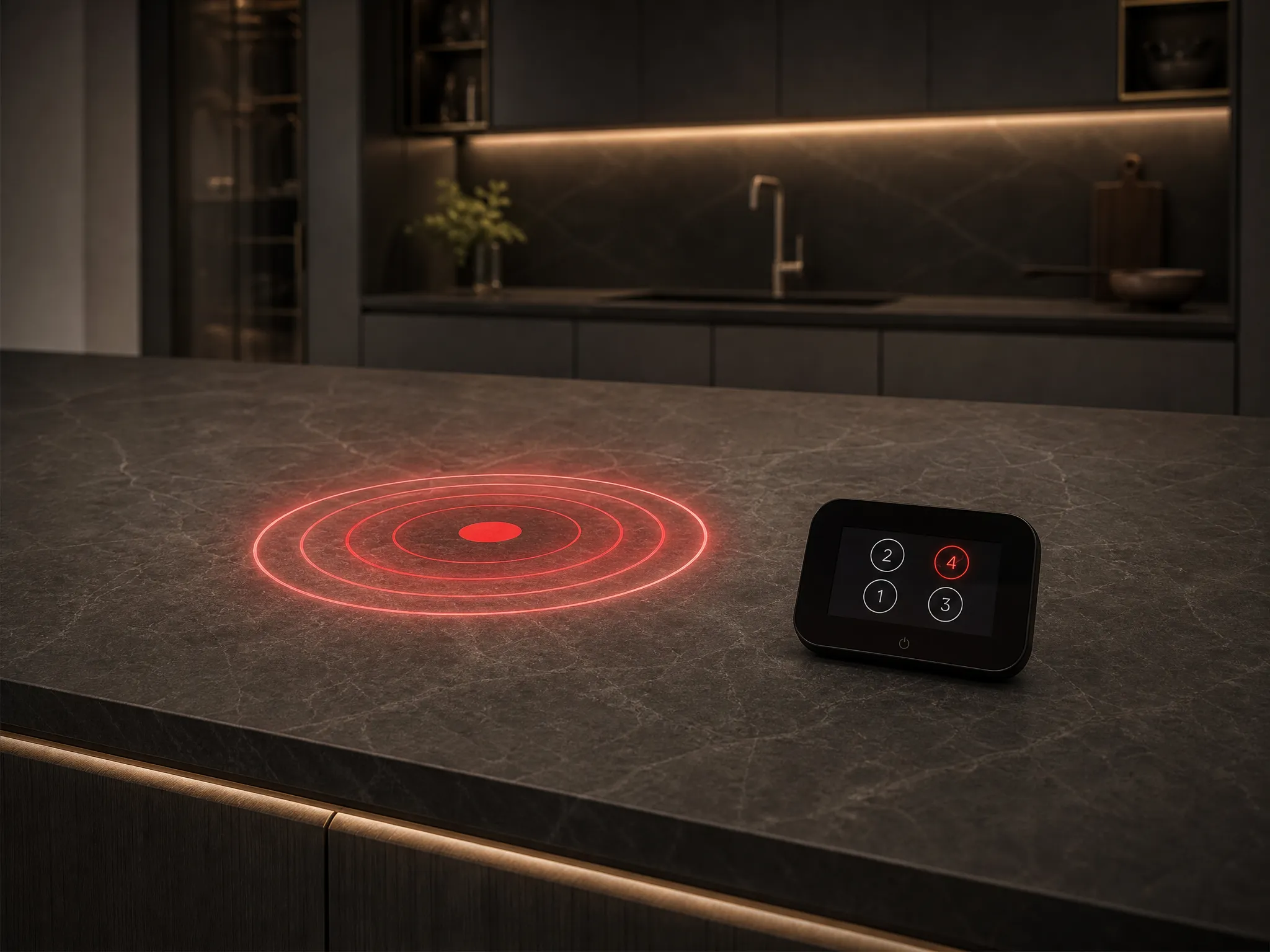 Cookware positioned over an AUPE cooking zone on a seamless stone countertop