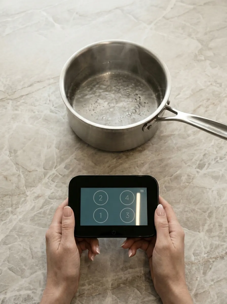 Hands holding the AUPE wireless controller beside a pot on a stone worktop