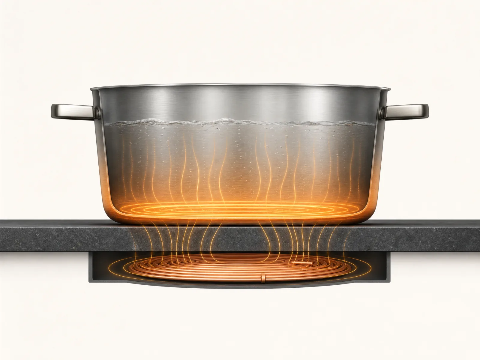 Diagram of the AUPE induction principle heating cookware through the stone surface
